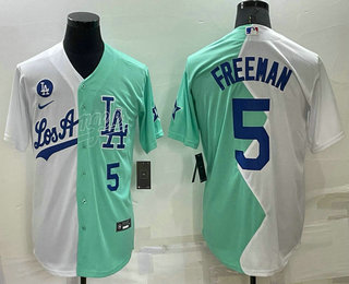 Men's Los Angeles Dodgers #5 Freddie Freeman White Green Number 2022 Celebrity Softball Game Cool Base Jersey 01