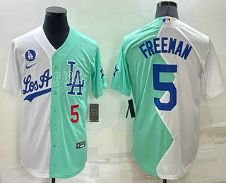 Men's Los Angeles Dodgers #5 Freddie Freeman White Green Number 2022 Celebrity Softball Game Cool Base Jersey 03