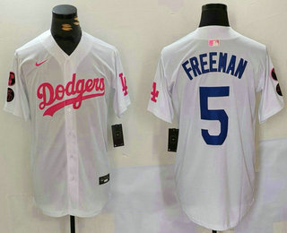 Men's Los Angeles Dodgers #5 Freddie Freeman White Pink With Patch Limited Stitched Jersey