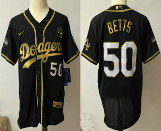 Men's Los Angeles Dodgers #50 Mookie Betts Black Gold Stitched MLB Flex Base Nike Jersey