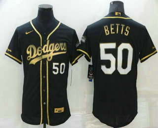 Men's Los Angeles Dodgers #50 Mookie Betts Black Gold Stitched MLB Flex Base Nike Jersey