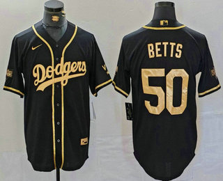 Men's Los Angeles Dodgers #50 Mookie Betts Black Gold World Series Champions Cool Base Stitched Jersey