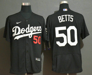 Men's Los Angeles Dodgers #50 Mookie Betts Black With Small Number Stitched MLB Flex Base Nike Jersey