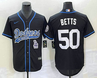 Men's Los Angeles Dodgers #50 Mookie Betts Black With Patch Cool Base Stitched Baseball Jersey 01