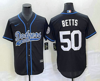 Men's Los Angeles Dodgers #50 Mookie Betts Black With Patch Cool Base Stitched Baseball Jersey 02