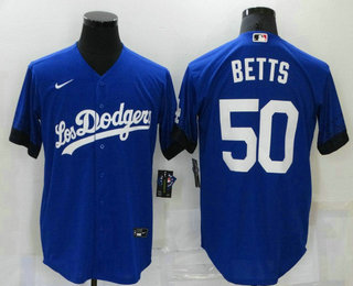 Men's Los Angeles Dodgers #50 Mookie Betts Blue 2021 City Connect Cool Base Stitched Jersey