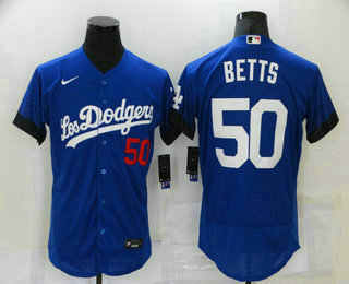 Men's Los Angeles Dodgers #50 Mookie Betts Blue 2021 City Connect Flex Base Stitched Jersey