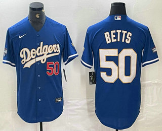 Men's Los Angeles Dodgers #50 Mookie Betts Blue Gold Champions Patch Stitched Cool Base Nike Jersey