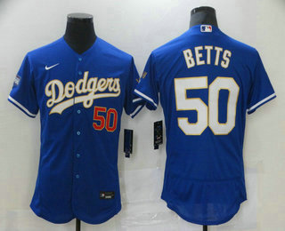 Men's Los Angeles Dodgers #50 Mookie Betts Blue Gold Champions Patch Stitched MLB Flex Base Nike Jersey