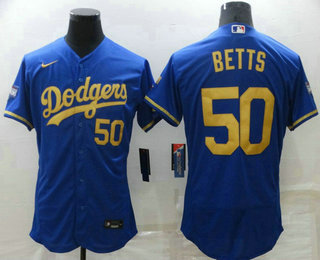 Men's Los Angeles Dodgers #50 Mookie Betts Blue Gold Championship Stitched MLB Flex Base Nike Jersey