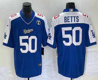 Men's Los Angeles Dodgers #50 Mookie Betts Blue Vin Scully Patch Pullover Stitched Jersey