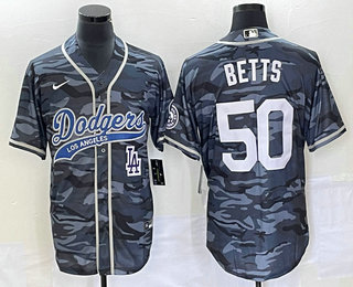 Men's Los Angeles Dodgers #50 Mookie Betts Gray Camo Cool Base With Patch Stitched Baseball Jersey 01