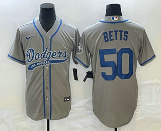 Men's Los Angeles Dodgers #50 Mookie Betts Grey With Patch Cool Base Stitched Baseball Jersey 01