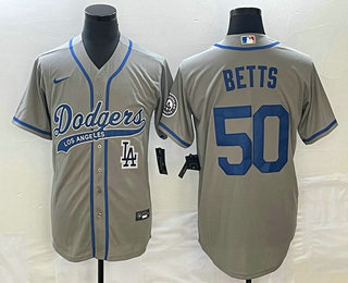 Men's Los Angeles Dodgers #50 Mookie Betts Grey With Patch Cool Base Stitched Baseball Jersey 02