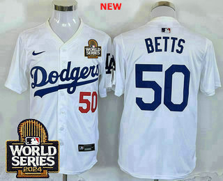 Men's Los Angeles Dodgers #50 Mookie Betts NEW White 2024 World Series Limited Stitched Jersey