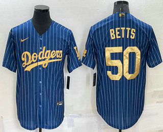 Men's Los Angeles Dodgers #50 Mookie Betts Navy Blue Gold Pinstripe Stitched MLB Cool Base Nike Jersey