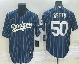 Men's Los Angeles Dodgers #50 Mookie Betts Navy Blue Pinstripe Stitched MLB Cool Base Nike Jersey