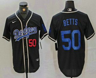 Men's Los Angeles Dodgers #50 Mookie Betts Number Black Cool Base With Patch Stitched Baseball Jersey