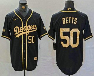 Men's Los Angeles Dodgers #50 Mookie Betts Number Black Gold World Series Champions Cool Base Stitched Jersey