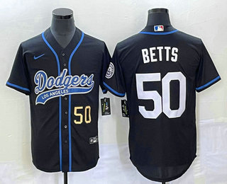 Men's Los Angeles Dodgers #50 Mookie Betts Number Black With Patch Cool Base Stitched Baseball Jersey 01