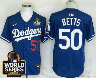 Men's Los Angeles Dodgers #50 Mookie Betts Number Blue 2024 World Series Limited Stitched Jersey