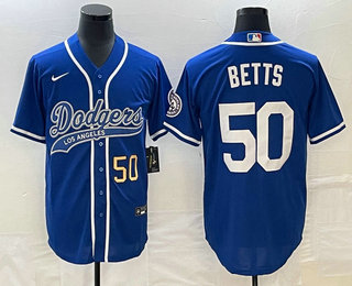 Men's Los Angeles Dodgers #50 Mookie Betts Number Blue Cool Base Stitched Baseball Jersey