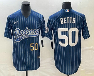 Men's Los Angeles Dodgers #50 Mookie Betts Number Blue Pinstripe Cool Base Stitched Baseball Jersey