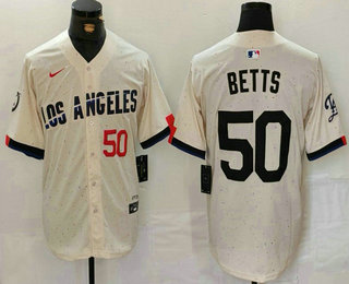 Men's Los Angeles Dodgers #50 Mookie Betts Number Cream Black 2024 City Connect Limited Stitched Jersey