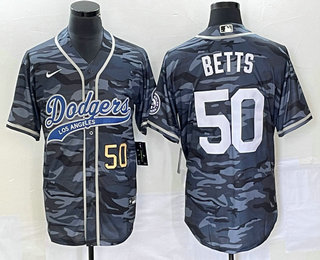 Men's Los Angeles Dodgers #50 Mookie Betts Number Gray Camo Cool Base With Patch Stitched Baseball Jersey 01