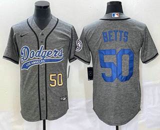 Men's Los Angeles Dodgers #50 Mookie Betts Number Grey Gridiron Cool Base Stitched Baseball Jersey