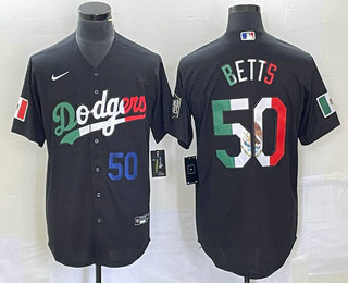 Men's Los Angeles Dodgers #50 Mookie Betts Number Mexico Black Cool Base Stitched Baseball Jersey 02