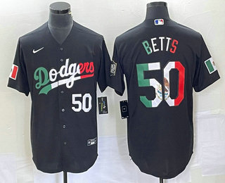 Men's Los Angeles Dodgers #50 Mookie Betts Number Mexico Black Cool Base Stitched Baseball Jersey 03