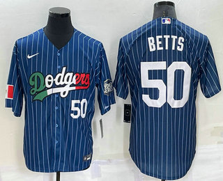 Men's Los Angeles Dodgers #50 Mookie Betts Number Navy Blue Pinstripe 2020 World Series Cool Base Nike Jersey 01