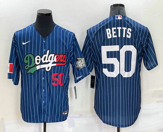 Men's Los Angeles Dodgers #50 Mookie Betts Number Navy Blue Pinstripe 2020 World Series Cool Base Nike Jersey