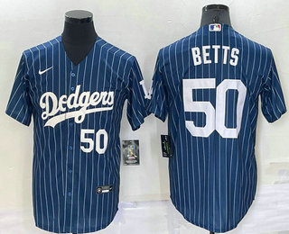 Men's Los Angeles Dodgers #50 Mookie Betts Number Navy Blue Pinstripe Stitched MLB Cool Base Nike Jersey