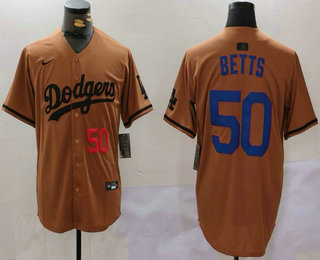 Men's Los Angeles Dodgers #50 Mookie Betts Number Olive Cool Base Limited Stitched Jersey