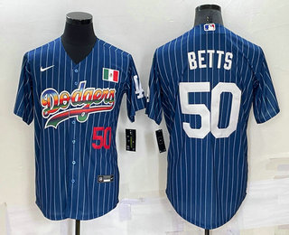 Men's Los Angeles Dodgers #50 Mookie Betts Number Rainbow Blue Red Pinstripe Mexico Cool Base Nike Jersey 01