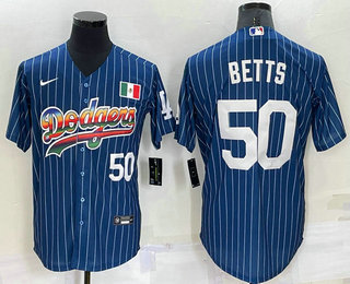 Men's Los Angeles Dodgers #50 Mookie Betts Number Rainbow Blue Red Pinstripe Mexico Cool Base Nike Jersey