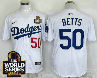 Men's Los Angeles Dodgers #50 Mookie Betts Number White 2024 World Series Limited Stitched Jersey