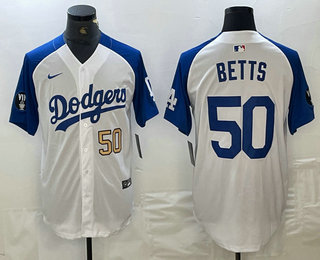 Men's Los Angeles Dodgers #50 Mookie Betts Number White Blue Fashion Stitched Cool Base Limited Jersey 11