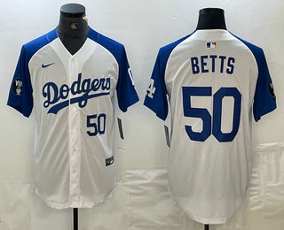 Men's Los Angeles Dodgers #50 Mookie Betts Number White Blue Fashion Stitched Cool Base Limited Jersey 12