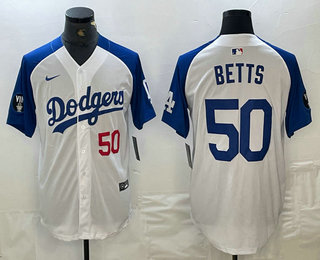 Men's Los Angeles Dodgers #50 Mookie Betts Number White Blue Fashion Stitched Cool Base Limited Jersey 13