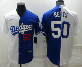 Men's Los Angeles Dodgers #50 Mookie Betts Number White Blue Split Cool Base Stitched Baseball Jersey