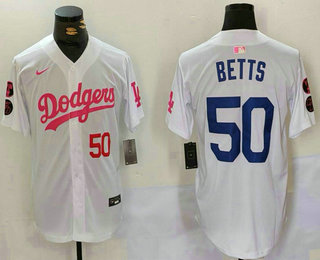 Men's Los Angeles Dodgers #50 Mookie Betts Number White Pink With Patch Limited Stitched Jersey