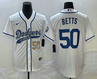 Men's Los Angeles Dodgers #50 Mookie Betts Number White With Patch Cool Base Stitched Baseball Jersey 01