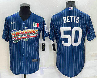 Men's Los Angeles Dodgers #50 Mookie Betts Rainbow Blue Red Pinstripe Mexico Cool Base Nike Jersey