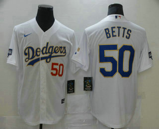 Men's Los Angeles Dodgers #50 Mookie Betts Red Number White Gold Championship Stitched MLB Cool Base Nike Jersey