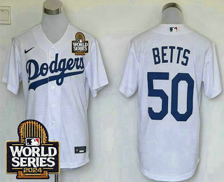 Men's Los Angeles Dodgers #50 Mookie Betts White 2024 World Series Limited Stitched Jersey