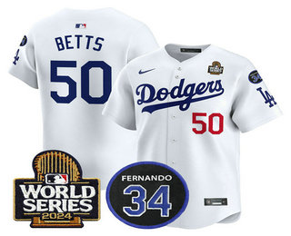 Men's Los Angeles Dodgers #50 Mookie Betts White 2024 World Series With Fernando 34 Patch Limited Stitched Jersey