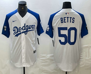 Men's Los Angeles Dodgers #50 Mookie Betts White Blue Fashion Stitched Cool Base Limited Jersey 11